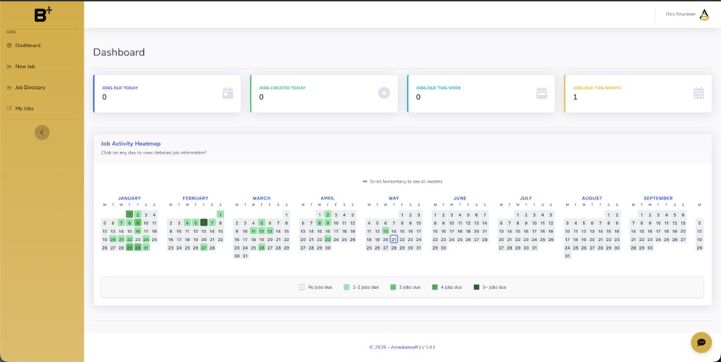 BusinessPlus Work Orders dashboard with jobs due today, job activity heatmap, and job directory